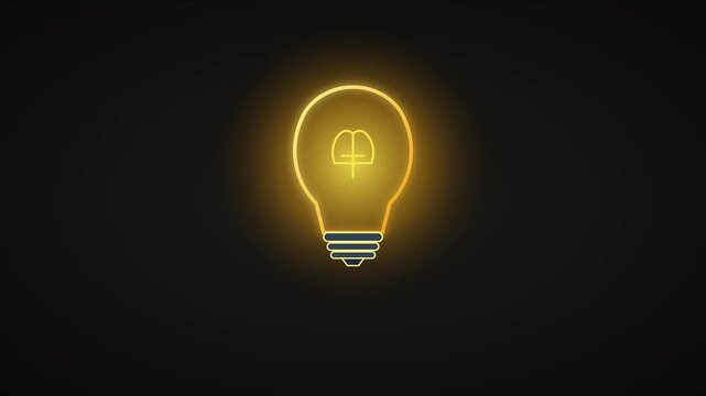 Glowing light bulb with brain symbol animation for creative thinking, innovation, and problem solving concepts 4k