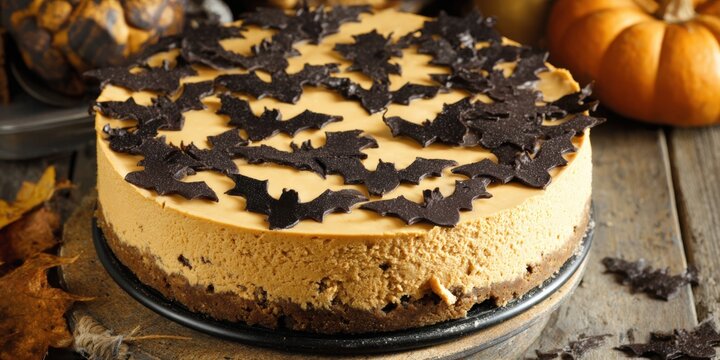 Pumpkin cheesecake decorated with dark chocolate bats for a festive Halloween party dessert served on a rustic wooden table with autumn leaves