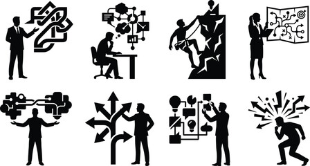 Obraz premium Business strategy planning and problem solving concept icons featuring decision making and corporate challenge solutions