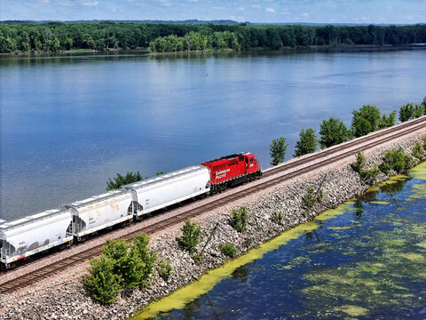Savanna, Illinois May 22, 2026 Canadian Pacific 2326 Switching locomotive in bright red livery on mainline track along the Mississippi river.