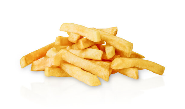 Pile of golden french fries isolated on white background, fast food snack concept for menu design, takeaway, delivery, restaurant advertising, packaging, food branding and promotional templates.