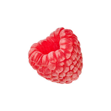 Single fresh raspberry isolated on white background, suitable for healthy eating, fruit, dessert, recipe, packaging, advertising and food design concepts.