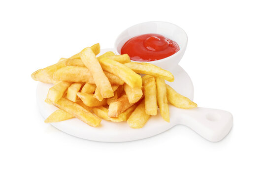 French fries on white serving board with ketchup bowl, isolated on white background, fast food snack concept for menu design, delivery, takeaway, restaurant advertising, packaging and food branding.