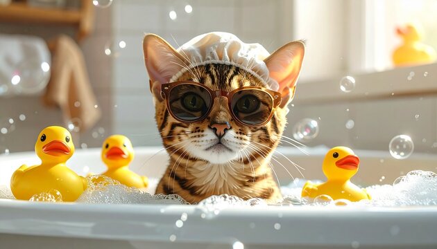 Cool Cat Wearing Sunglasses and Foam Hat in a Bubble Bath with Rubber Ducks