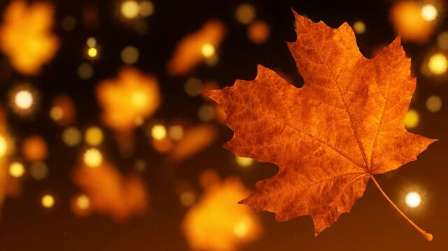 Golden autumn maple leaves falling with magical bokeh light particles background, foliage seasonal