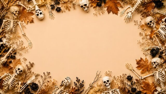 Halloween background with human skulls and autumn leaves forming a frame with empty space for your text