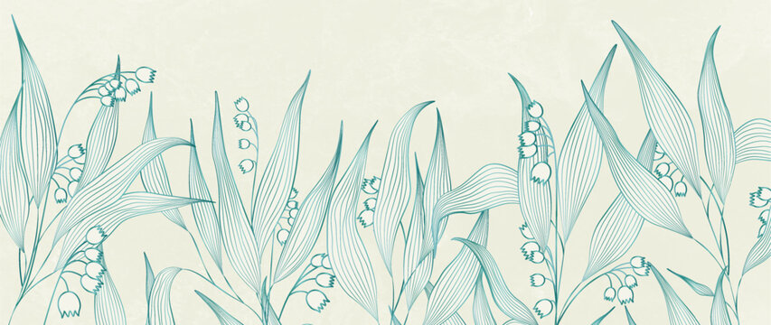 Luxury art background with exotic leaves and flowers in blue or green in a line art style. Elegant botanical pattern for banners, wallpaper, packaging, textiles, posters, and interior design.