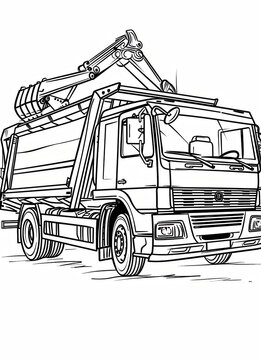 Outline illustration of a garbage truck with a hydraulic arm and a large waste container, parked on a street with visible wheels and detailed body structure