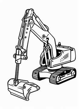 Illustration of a compact excavator with a hydraulic arm and bucket, featuring tracks and detailed mechanical components, set against a plain white background