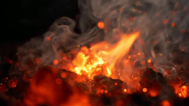 Glowing charcoal embers with rising smoke and flying sparks close-up fire