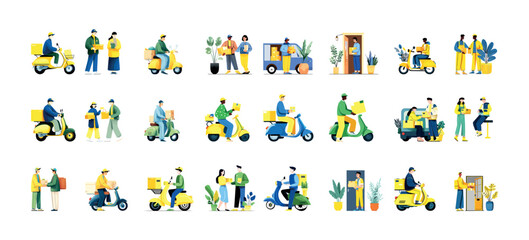 Fototapeta premium Delivery man cartoon vector set. Courier postman mail worker service person scooter bike motorcycle box package transport uniform character logistics shipment drive ride carry job order isolated