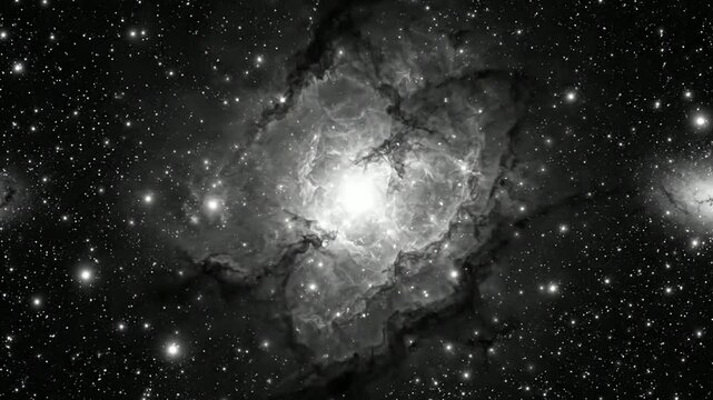 Deep space nebula galaxy background: cinematic black and white cosmic starfield with glowing stellar clouds and interstellar dust