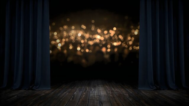 Empty stage with dark curtains. Wooden floor theater background with golden bokeh lights.