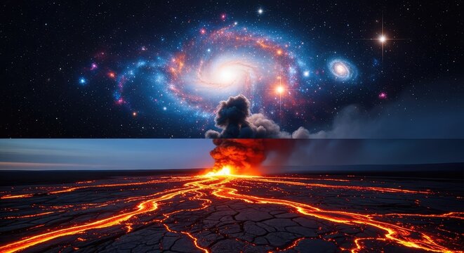 A dramatic horizontal split showing a glowing celestial light above a cracked volcanic landscape with molten lava flows and dark ash clouds, heat, dramatic, cold