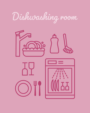 Dishwashing room vector icon set with dishwasher, water tap, sink, dish soap, brush and dishes.