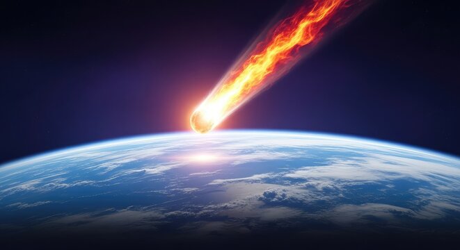 A glowing celestial body descends toward a curved blue planet, igniting into a brilliant streak of fire as it pierces the upper atmosphere, descent, meteorite, fire