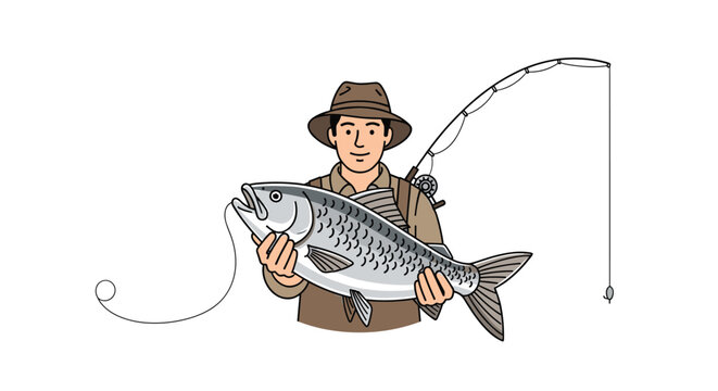 Proud male angler wearing outdoor gear and a hat holding a big shiny silver caught fish with his flexible rod behind him on white.