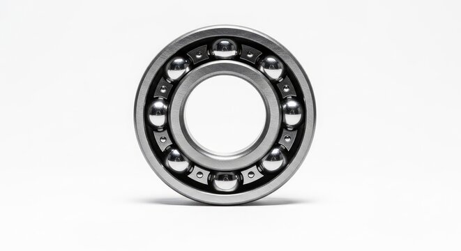 A high-quality steel ball bearing featuring shiny metal spheres inside a circular race, perfectly positioned on a clean white background, tool, object, machinery