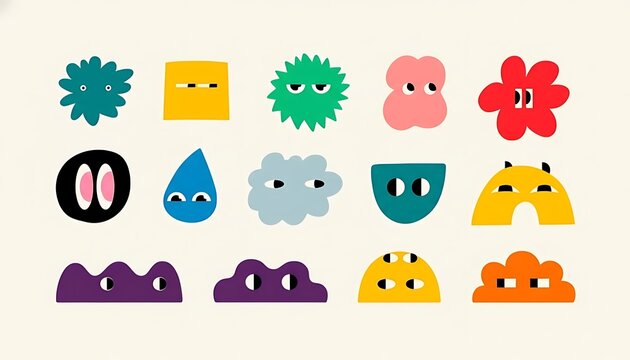 Set of cute colorful abstract characters with funny faces and various shapes for kids design projects