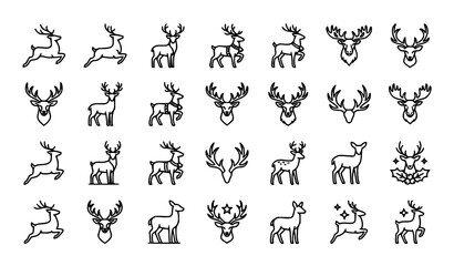 Obraz premium Deer Stag Antler Wildlife Outline Vector Icon Collection Isolated on White Background