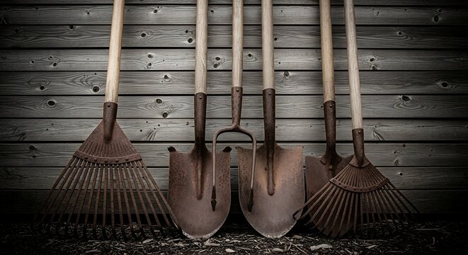 Collection of vintage gardening tools hanging on a weathered wooden wall in a rustic garden shed