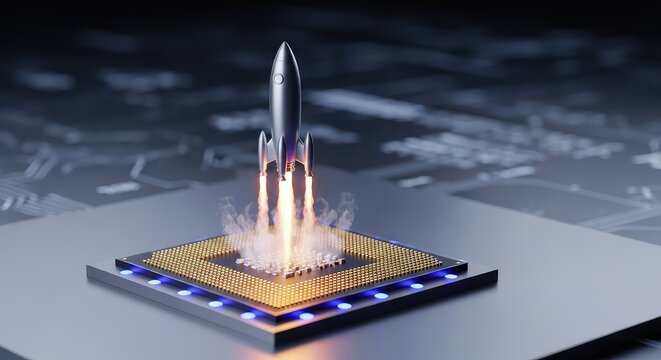 A miniature silver rocket takes flight from a complex computer processor chip, leaving a glow of light and smoke in a high tech setting, sleek, launch, modern