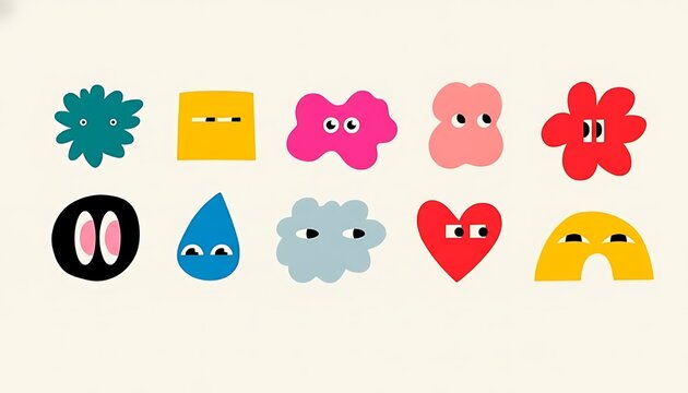 Set of cute colorful hand drawn doodle shapes with funny cartoon eyes on a light background