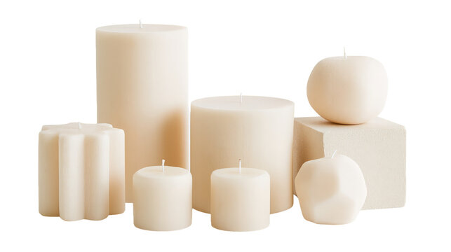 Group of cream wax candles in various shapes isolated on transparent background as png file