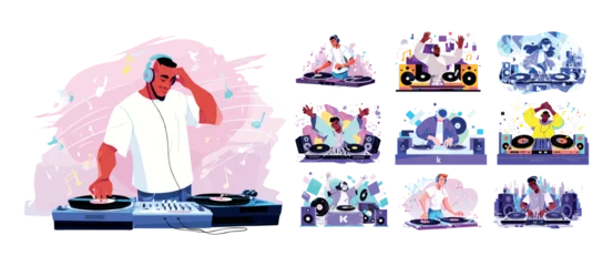 Dj man cartoon vector set. Character play music turntable vinyl record headphones mixer audio sound club party dance rhythm entertainment disco stereo festival event equipment djing isolated on white © ONYXprj