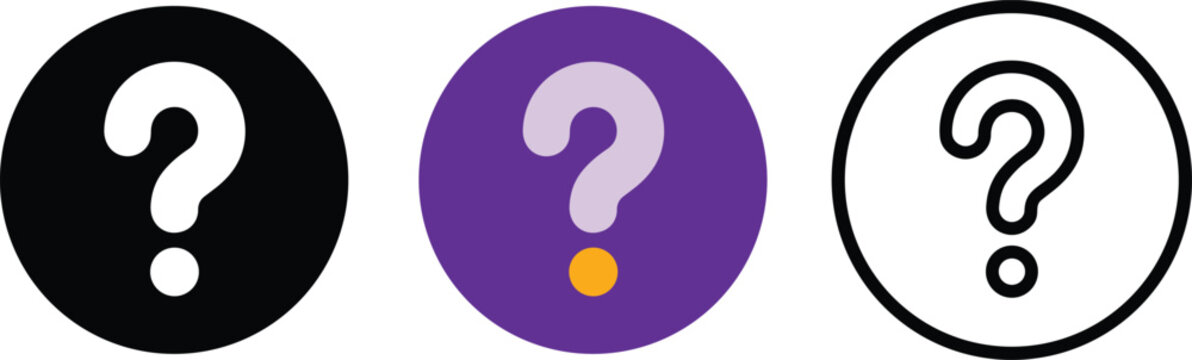 Question mark icons in circular button format including solid black, purple with yellow dot, and linear outline styles for user interface web navigation