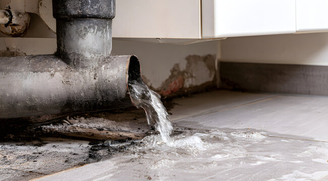 Water was leaking from the drain pipe under the bathroom counter, causing damage