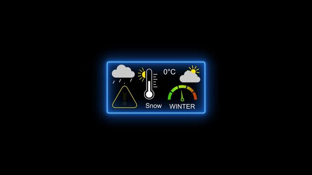 Digital winter weather dashboard with animated temperature gauge and snow warning interface