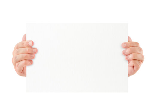 Hands holding blank white paper sheet isolated on white background, simple copy space mockup for announcement, message, poster, flyer, presentation, advertising, education, office document, event