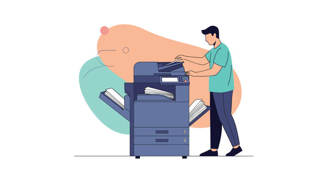 Dedicated male office worker copying and scanning documents on a large multifunctional printer machine against an abstract backdrop.