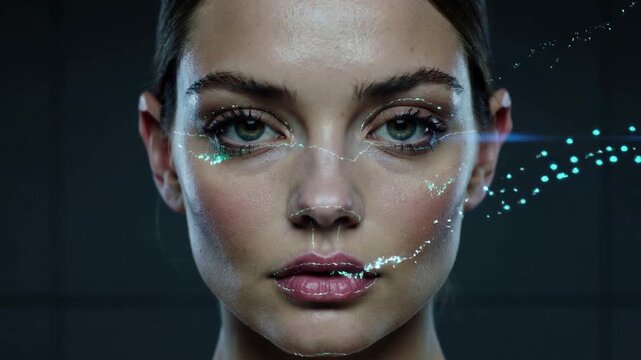Starting scan system projecting cyan lines and matrix across female face in studio to map landmarks