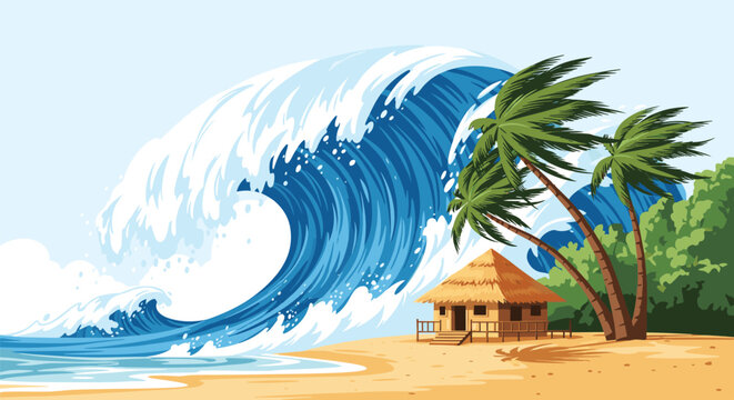 Powerful giant ocean wave crashing over a small beach cabin with tropical palm trees during storm or tsunami.