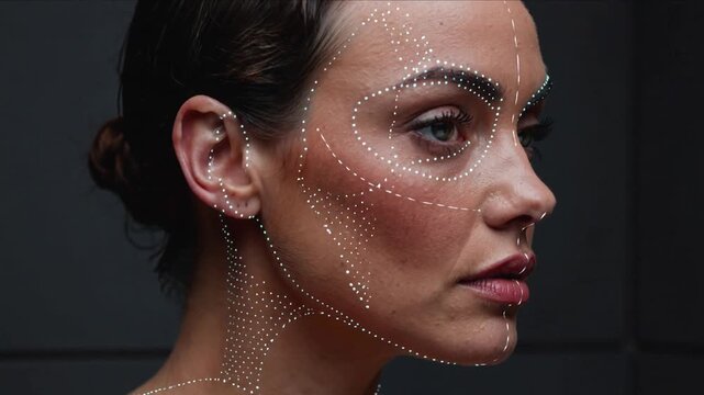 Turning woman model revealing midline, jawline, piercings in studio, expanding dot map for mapping