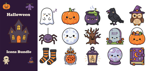 Fototapeta premium Set of cute hand drawn halloween icons and stickers featuring pumpkins ghosts owls and spooky elements for festive holiday decoration