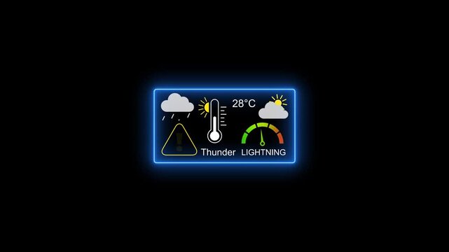 Digital weather dashboard ui with thunder and lightning alert neon interface animation