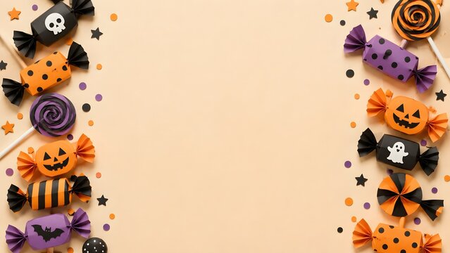 Festive halloween background with colorful wrapped candies and jack o lantern sweets arranged as a vertical border frame