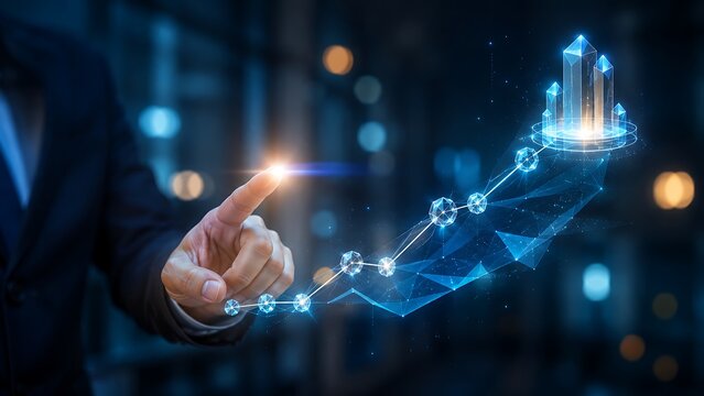 Businessman hand pointing at rising digital financial growth chart with glowing crystal bar graph pillars representing high stock market success and investment profit
