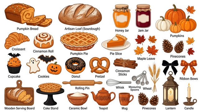 Assortment of autumn baked goods and related items, such as pumpkin bread, artisan loaf, croissants, cinnamon rolls, pumpkin pie, donuts, pretzels, and Halloween cupcakes, are shown.