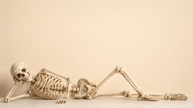 A human skeleton lying down in a relaxed pose on a plain background for a fun halloween theme