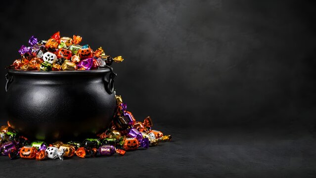 Black cauldron filled with colorful assorted candies for a festive halloween celebration on a dark moody background