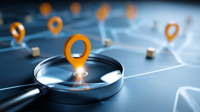 A magnifying glass focused on a location pin across a connected map representing destination search geolocation and route planning.

