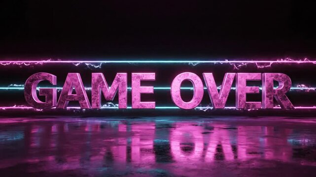 Glowing pink game over neon text on reflective dark floor