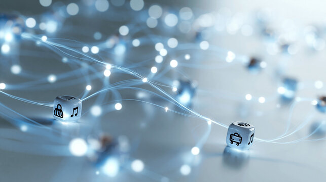 Bright customer journey and omnichannel experience concept with connected glowing icons representing a digital interaction ecosystem on a clean light background network
