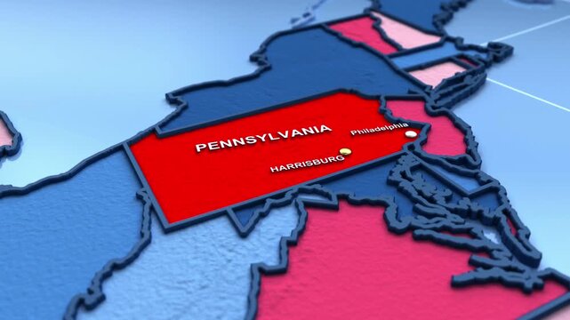 Looped 3D election map animation of the United States zooming into Pennsylvania state, featuring red, blue, purple and green political outcome variations. 