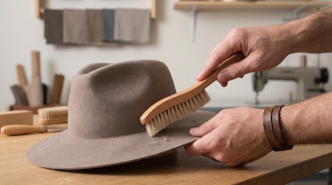 Craftsman cleaning a felt hat with a wooden brush on a workbench