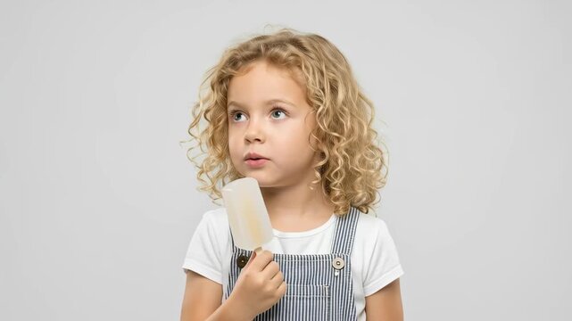 A delightful portrait of a young child with charming curly hair, looking directly at the camera with wide, expressive eyes, as they enjoy a creamy white popsicle. The child's innocent expression
